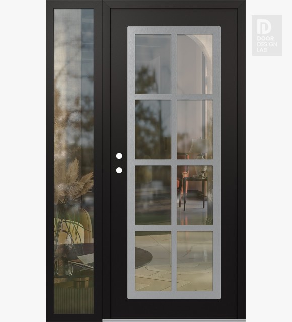 Modern Steel Front Door Diamond C16 52" x 80" black/black clear Glass Panel stainless steel RHI with Sidelite clear Glass
