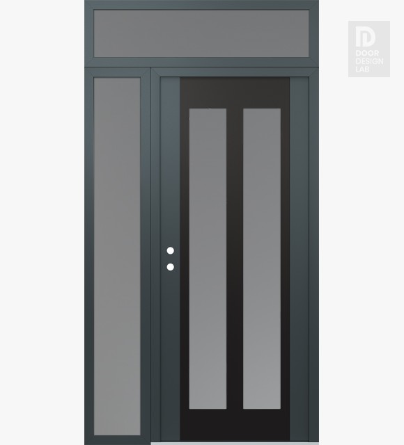 Modern Steel Front Door Diamond C14 48" x 96" anthracite/anthracite frosted Glass Panel black RHI with Sidelite and Transom frosted Glass