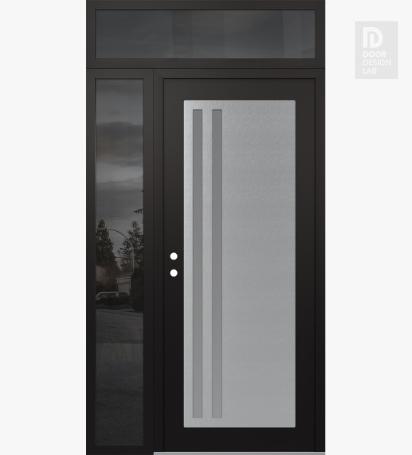 Modern Steel Front Door Diamond C6 48" x 96" black/white frosted Glass Panel stainless steel RHI with Sidelite and Transom mirrored Glass