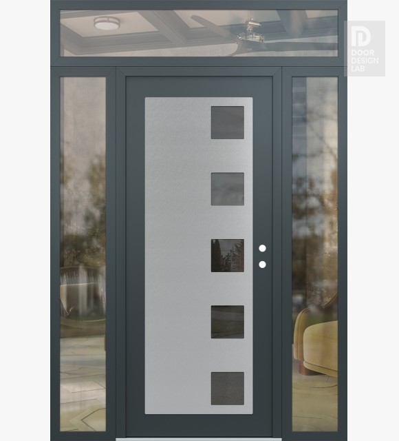 Modern Steel Front Door Diamond C5 64" x 96" anthracite/anthracite mirrored Glass Panel stainless steel LHI with 2 Sidelites and Transom clear Glass