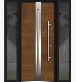 Front Exterior Prehung Steel Door / Deux 1744 Natural Oak / 2 Side Exterior Black Windows / Stainless Inserts Single Modern Painted-W16+36+16" x H80"-Left-hand Inswing