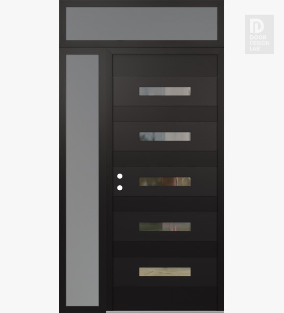 Modern Steel Front Door Diamond D9 48" x 96" black/black clear Glass Panel black RHI with Sidelite and Transom frosted Glass