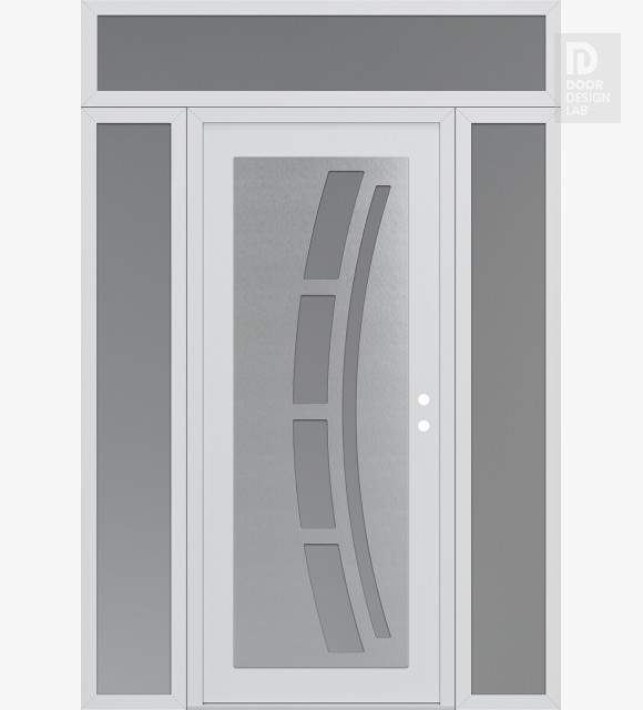 Modern Steel Front Door Diamond C12 68" x 96" white/white frosted Glass Panel stainless steel LHI with 2 Sidelites and Transom frosted Glass