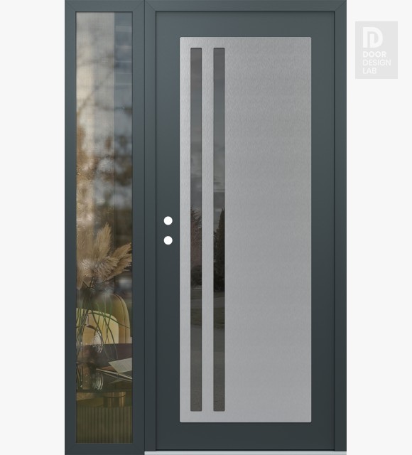 Modern Steel Front Door Diamond C6 52" x 80" anthracite/anthracite mirrored Glass Panel stainless steel RHI with Sidelite clear Glass