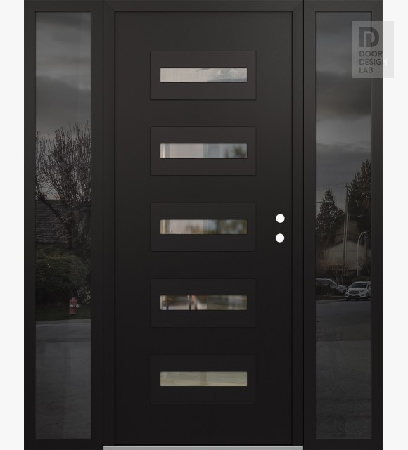Modern Steel Front Door Diamond D4 60" x 80" black/black clear Glass Panel black LHI with 2 Sidelites mirrored Glass