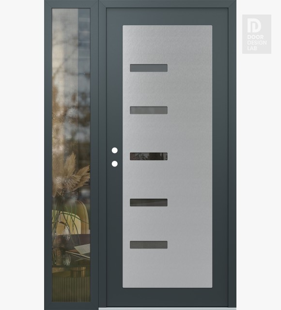 Modern Steel Front Door Diamond C8 50" x 80" anthracite/anthracite mirrored Glass Panel stainless steel RHI with Sidelite clear Glass
