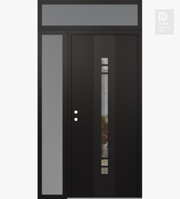 Modern Steel Front Door DIAMOND A4 48" X 96" BLACK/BLACK CLEAR GLASS PANEL BLACK RHI WITH SIDELITE AND TRANSOM FROSTED GLASS