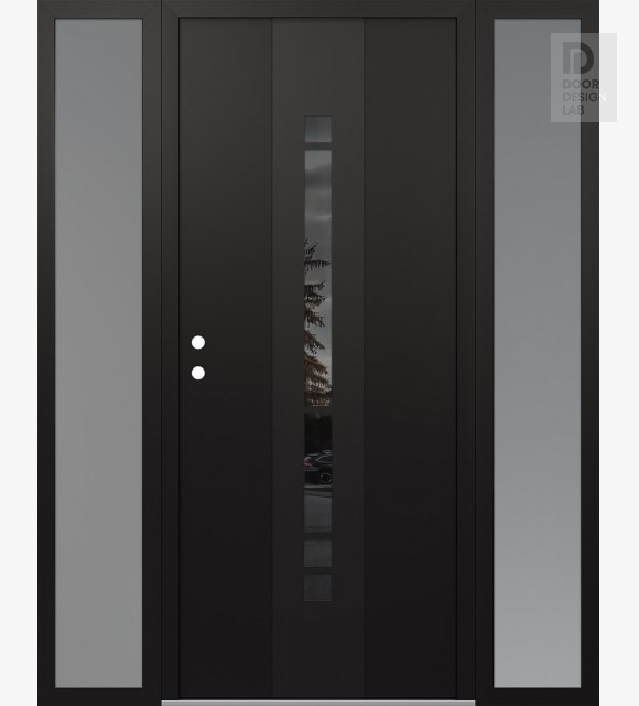 Modern Steel Front Door DIAMOND A3 64" X 80" BLACK/BLACK MIRRORED GLASS PANEL BLACK RHI WITH 2 SIDELITES FROSTED GLASS