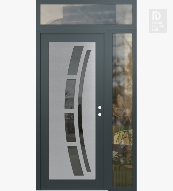 Modern Steel Front Door Diamond C12 48" x 96" anthracite/anthracite mirrored Glass Panel stainless steel LHI with Sidelite and Transom clear Glass