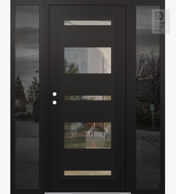 Modern Steel Front Door Diamond C10 60" x 80" black/black clear Glass Panel black RHI with 2 Sidelites mirrored Glass