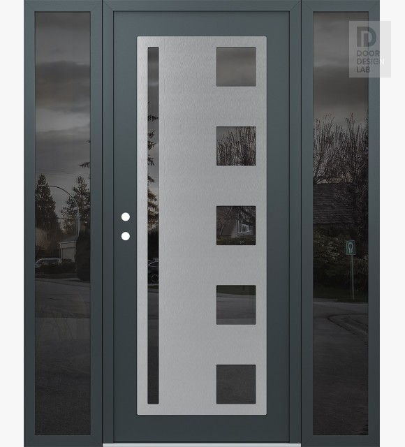 Modern Steel Front Door Diamond C3 68" x 80" anthracite/anthracite mirrored Glass Panel stainless steel RHI with 2 Sidelites mirrored Glass