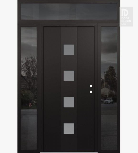 Modern Steel Front Door DIAMOND A12 64" X 96" BLACK/WHITE FROSTED GLASS PANEL BLACK LHI WITH 2 SIDELITES AND TRANSOM MIRRORED GLASS