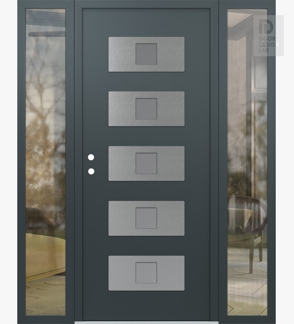 Modern Steel Front Door Diamond D8 60" x 80" anthracite/anthracite frosted Glass Panel stainless steel RHI with 2 Sidelites clear Glass
