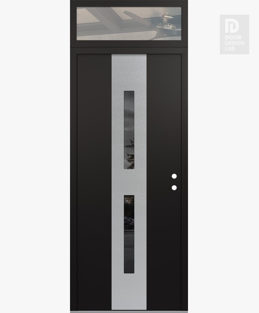 Modern Steel Front Door DIAMOND A6 36" X 96" BLACK/BLACK MIRRORED GLASS PANEL STAINLESS STEEL LHI WITH TRANSOM CLEAR GLASS