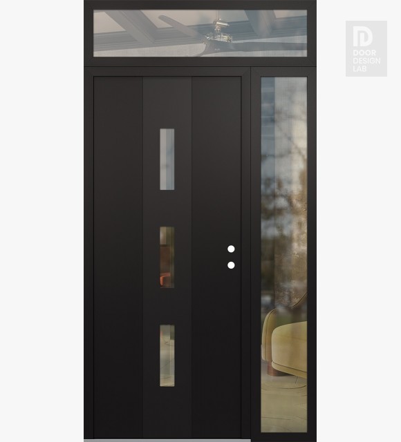 Modern Steel Front Door DIAMOND A7 48" X 96" BLACK/BLACK CLEAR GLASS PANEL BLACK LHI WITH SIDELITE AND TRANSOM CLEAR GLASS