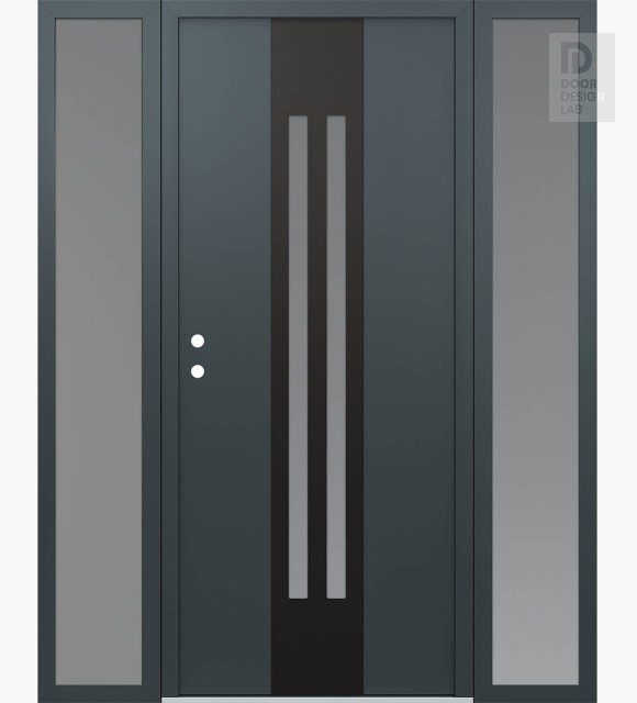 Modern Steel Front Door DIAMOND A8 64" X 80" ANTHRACITE/ANTHRACITE FROSTED GLASS PANEL BLACK RHI WITH 2 SIDELITES FROSTED GLASS