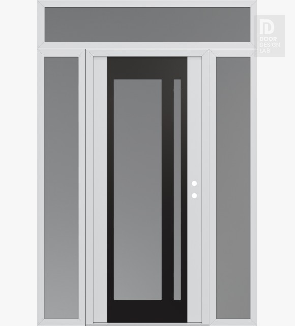 Modern Steel Front Door Diamond C15 60" x 96" white/white frosted Glass Panel black LHI with 2 Sidelites and Transom frosted Glass