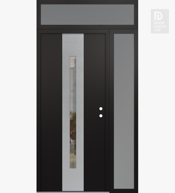 Modern Steel Front Door DIAMOND A2 52" X 96" BLACK/BLACK CLEAR GLASS PANEL STAINLESS STEEL LHI WITH SIDELITE AND TRANSOM FROSTED GLASS