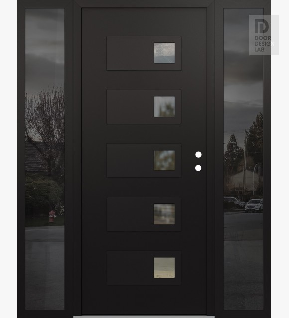 Modern Steel Front Door Diamond D2 64" x 80" black/black clear Glass Panel black LHI with 2 Sidelites mirrored Glass