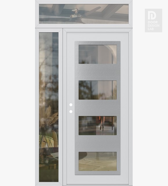 Modern Steel Front Door Diamond C2 48" x 96" white/white clear Glass Panel stainless steel RHI with Sidelite and Transom clear Glass