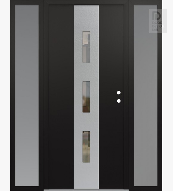 Modern Steel Front Door DIAMOND A7 68" X 80" BLACK/BLACK CLEAR GLASS PANEL STAINLESS STEEL LHI WITH 2 SIDELITES FROSTED GLASS