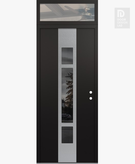 Modern Steel Front Door DIAMOND A9 36" X 96" BLACK/BLACK MIRRORED GLASS PANEL STAINLESS STEEL LHI WITH TRANSOM CLEAR GLASS
