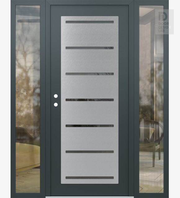 Modern Steel Front Door Diamond C11 60" x 80" anthracite/anthracite mirrored Glass Panel stainless steel RHI with 2 Sidelites clear Glass