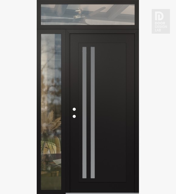 Modern Steel Front Door Diamond C6 48" x 96" black/white frosted Glass Panel black RHI with Sidelite and Transom clear Glass