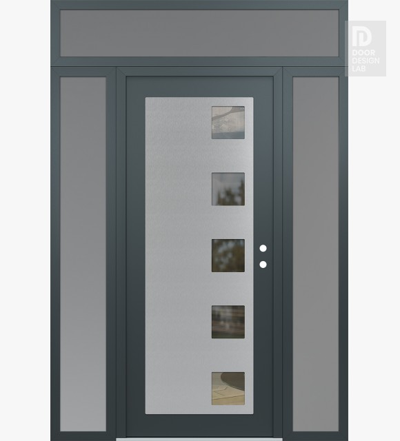 Modern Steel Front Door Diamond C5 64" x 96" anthracite/anthracite clear Glass Panel stainless steel LHI with 2 Sidelites and Transom frosted Glass