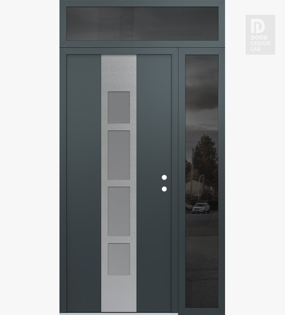 Modern Steel Front Door DIAMOND A10 50" X 96" ANTHRACITE/ANTHRACITE FROSTED GLASS PANEL STAINLESS STEEL LHI WITH SIDELITE AND TRANSOM MIRRORED GLASS
