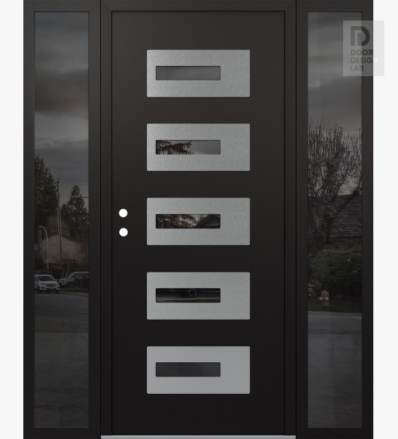 Modern Steel Front Door Diamond D6 60" x 80" black/black mirrored Glass Panel stainless steel RHI with 2 Sidelites mirrored Glass