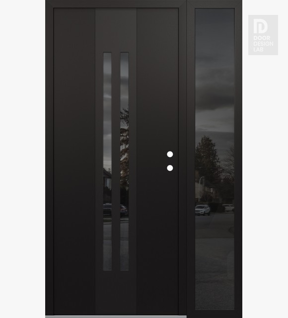 Modern Steel Front Door DIAMOND A8 52" X 80" BLACK/BLACK MIRRORED GLASS PANEL BLACK LHI WITH SIDELITE MIRRORED GLASS