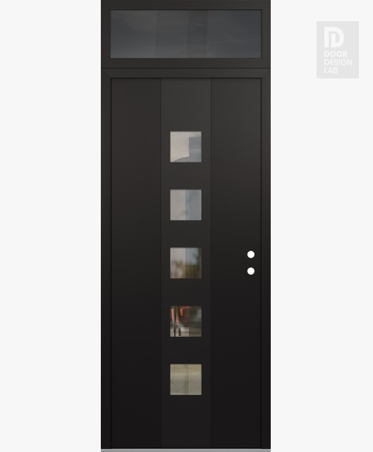 Modern Steel Front Door DIAMOND A13 36" X 96" BLACK/BLACK CLEAR GLASS PANEL BLACK LHI WITH TRANSOM MIRRORED GLASS