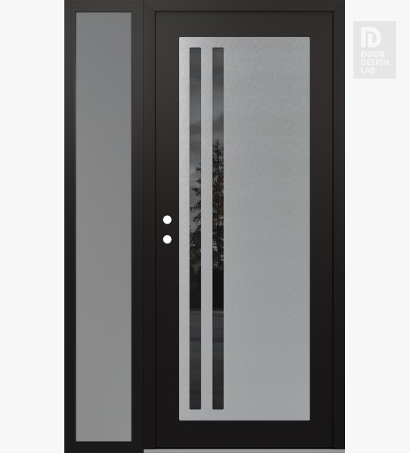 Modern Steel Front Door Diamond C6 48" x 80" black/black mirrored Glass Panel stainless steel RHI with Sidelite frosted Glass