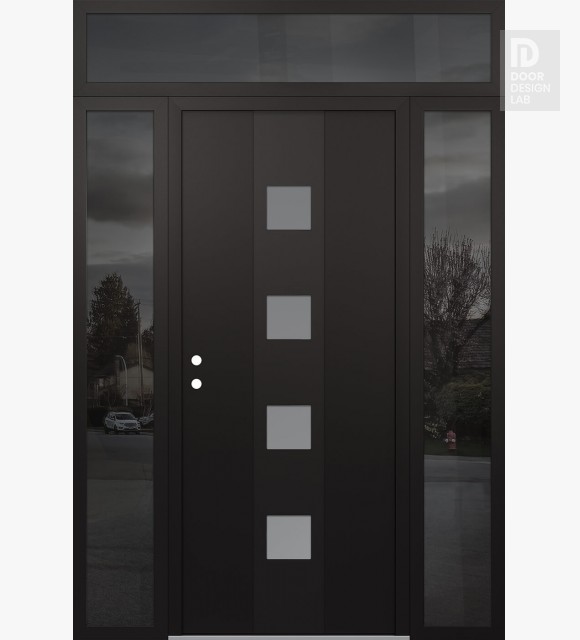 Modern Steel Front Door DIAMOND A12 64" X 96" BLACK/WHITE FROSTED GLASS PANEL BLACK RHI WITH 2 SIDELITES AND TRANSOM MIRRORED GLASS