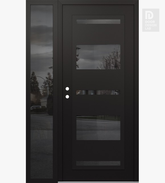 Modern Steel Front Door Diamond C10 52" x 80" black/black mirrored Glass Panel black RHI with Sidelite mirrored Glass