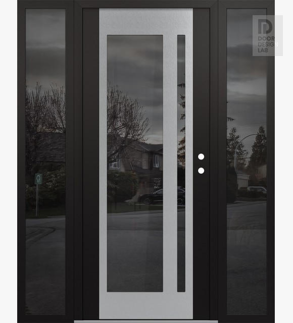Modern Steel Front Door Diamond C15 60" x 80" black/black mirrored Glass Panel stainless steel LHI with 2 Sidelites mirrored Glass