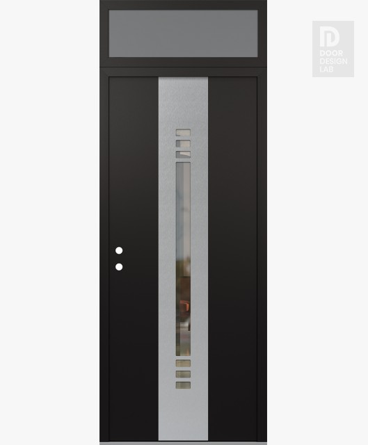 Modern Steel Front Door DIAMOND A5 36" X 96" BLACK/BLACK CLEAR GLASS PANEL STAINLESS STEEL RHI WITH TRANSOM FROSTED GLASS