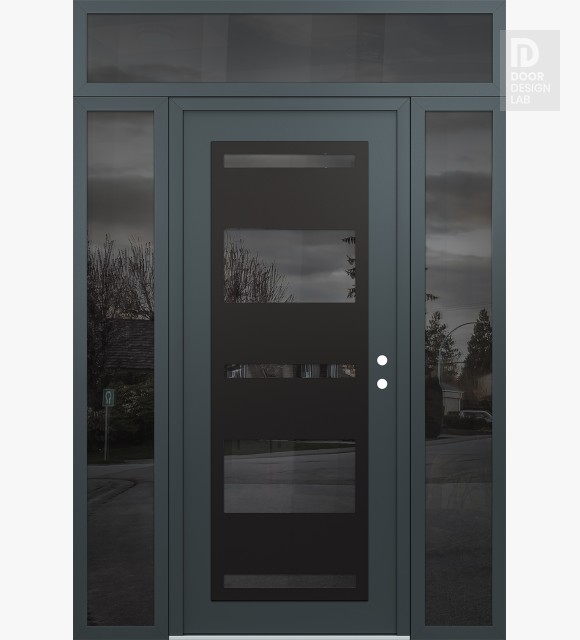Modern Steel Front Door Diamond C10 68" x 96" anthracite/anthracite mirrored Glass Panel black LHI with 2 Sidelites and Transom mirrored Glass