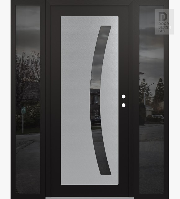 Modern Steel Front Door Diamond C4 60" x 80" black/black mirrored Glass Panel stainless steel LHI with 2 Sidelites mirrored Glass