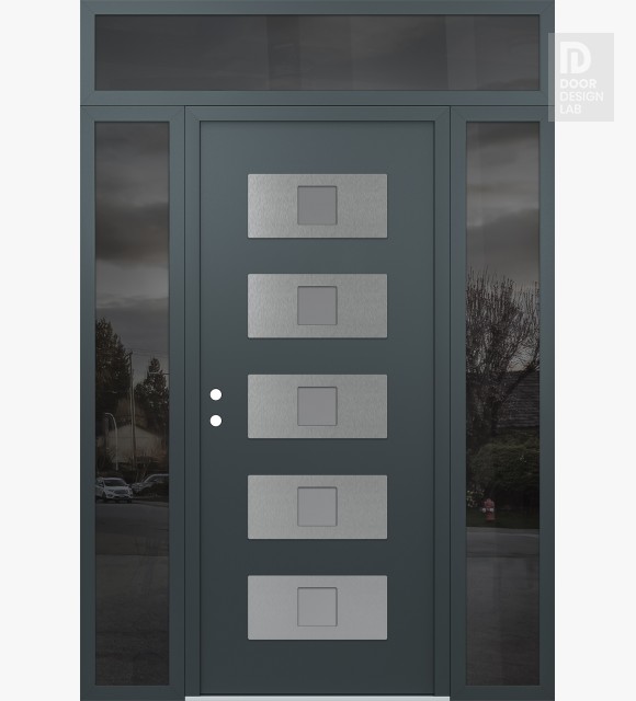 Modern Steel Front Door Diamond D8 60" x 96" anthracite/anthracite frosted Glass Panel stainless steel RHI with 2 Sidelites and Transom mirrored Glass