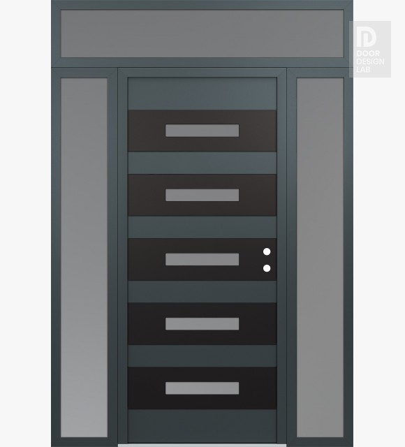 Modern Steel Front Door Diamond D9 68" x 96" anthracite/anthracite frosted Glass Panel black LHI with 2 Sidelites and Transom frosted Glass