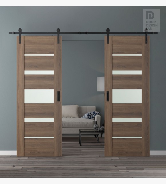 DOUBLE BARN DOOR AVON 07-03 VETRO PECAN NUTWOOD 56" X 84" X 1 3/4" BLACK HARDWARE