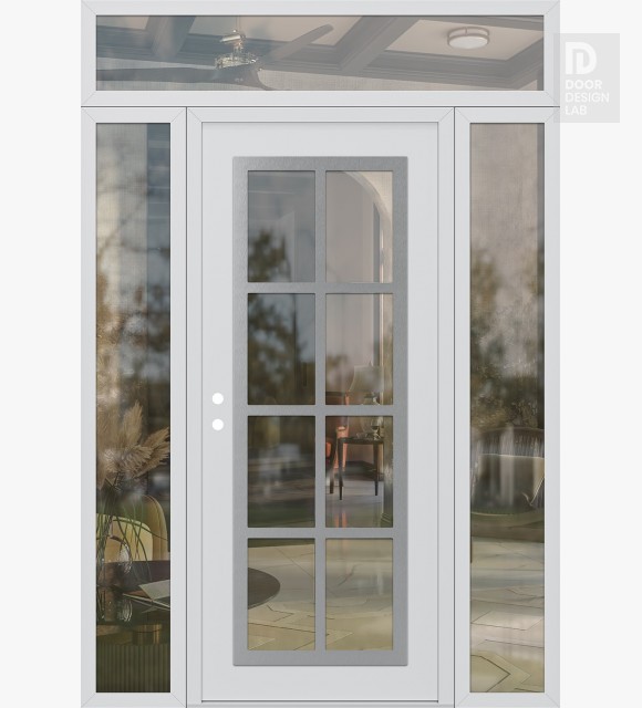 Modern Steel Front Door Diamond C16 60" x 96" white/white clear Glass Panel stainless steel RHI with 2 Sidelites and Transom clear Glass