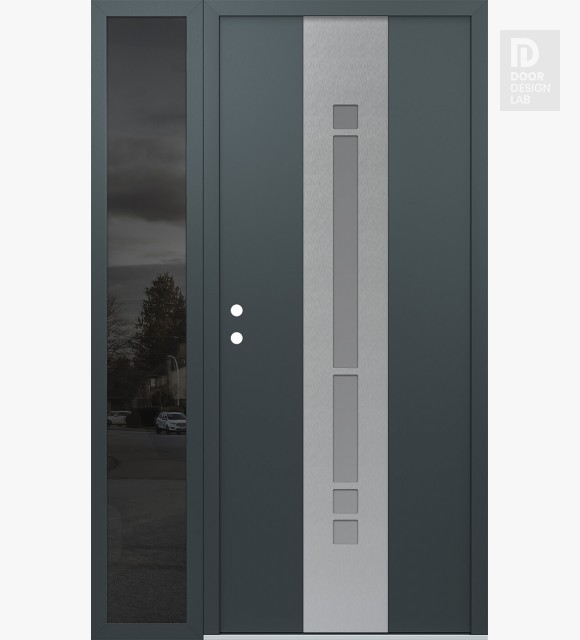 Modern Steel Front Door DIAMOND A3 52" X 80" ANTHRACITE/ANTHRACITE FROSTED GLASS PANEL STAINLESS STEEL RHI WITH SIDELITE MIRRORED GLASS