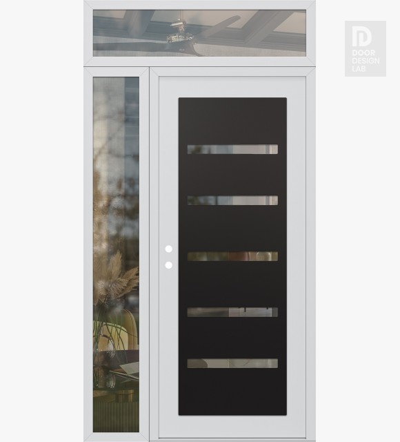 Modern Steel Front Door Diamond C7 48" x 96" white/white clear Glass Panel black RHI with Sidelite and Transom clear Glass
