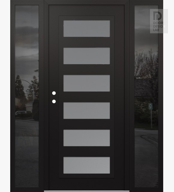 Modern Steel Front Door Diamond C9 64" x 80" black/white frosted Glass Panel black RHI with 2 Sidelites mirrored Glass