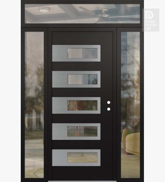 Modern Steel Front Door Diamond D3 68" x 96" black/black clear Glass Panel stainless steel LHI with 2 Sidelites and Transom clear Glass