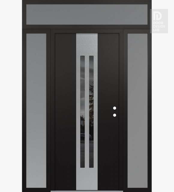 Modern Steel Front Door DIAMOND A8 68" X 96" BLACK/BLACK MIRRORED GLASS PANEL STAINLESS STEEL LHI WITH 2 SIDELITES AND TRANSOM FROSTED GLASS
