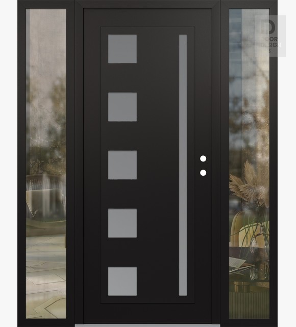 Modern Steel Front Door Diamond C3 68" x 80" black/white frosted Glass Panel black LHI with 2 Sidelites clear Glass